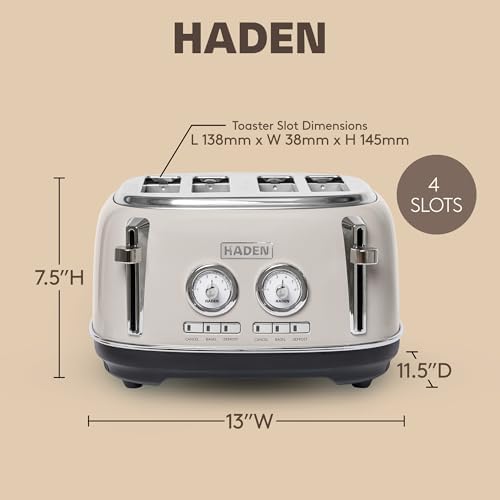 Haden Dorset 4-Slice Wide-Slot Toaster, Stainless-Steel Bread Toaster with Adjustable Browning Control, Crumb Tray & Non-Slip Feet, Putty & Chrome - Image 4