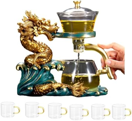 Glass Teapot Set Tea Maker with Infuser Semi Automatic Drip Rotating Cover Bowl Lazy Tea Set (Dragon, Teapot set) by FIREKIRIN