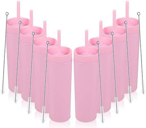 Volhoply 16oz Plastic Skinny Tumbler with Lid and Straw Bulk 8 Pack,Insulated Double Wall BPA Free Matte Acrylic Tumblers,Iced Coffee Travel Mug Reusable Party Cup,Customizable Diy Gifts(Pink,8 Set) by LiveFully%EF%BC%8CDrinkFreely%E2%80%94KeepGoingwithVolhoply%EF%BC%81