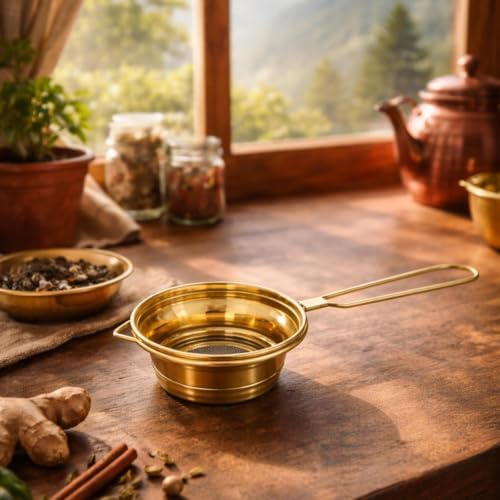 DESI SAMAAN STORE Brass Tea Strainer with Handle | Chai channi pital | Loose Leaf Tea & Coffee Steeper peetal | Fine Mesh Eco-Friendly Filter | Durable Reusable Chai Strainer for Kitchen & Gifting - Image 4