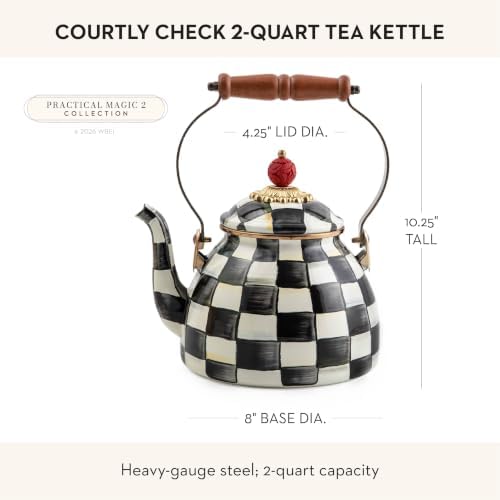 MACKENZIE-CHILDS Tea Kettle, 2 Quarts, Black-and-White Courtly Check - Image 4