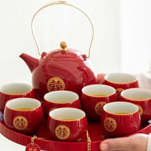 Chinese Traditional Wedding Tea Set, Porcelain Teapot, 8 Cups and Gift Box - Image 6