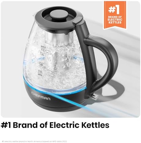 Chefman Electric Kettle with Tea Infuser, 1.7L 1500W, Removable Lid for Easy Cleaning, Boil-Dry Protection, Stainless Steel Filter, BPA Free, Auto Shut Off Hot Water Boiler, Glass Electric Tea Kettle - Image 4