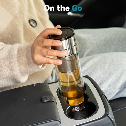 COMI Tea Bottle with Infuser,Double-Wall Glass Travel Mug with One Click Open Lid, Leak Proof Tea Infuser Bottle for Loose Leaf, Fruit & Flower Infused Drinks, Heat & Cold Resistant, Tea Gift Set - Image 6