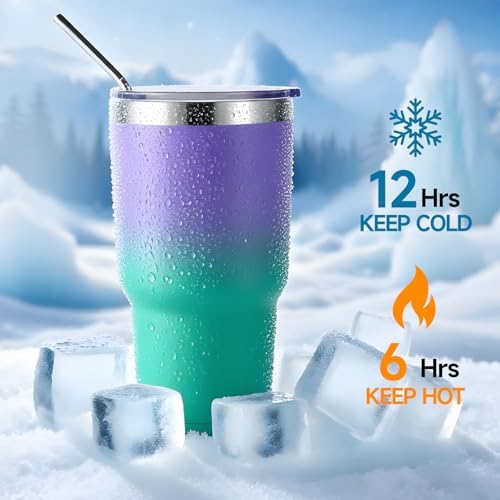 Volhoply 30oz Insulated Tumbler with Lid and Straw, Double Wall Inner & Outer 304 Stainless Steel Tumblers Bulk, Powder Coated Coffee Cup for Office, Home, Travel (Purple Green,4 Pack) - Image 4