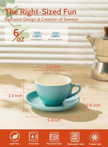 Sweese 6 Ounce Cappuccino Cups with Saucers, Porcelain Double Espresso Cups Set of 6 - Hot Assorted Colors - Image 5