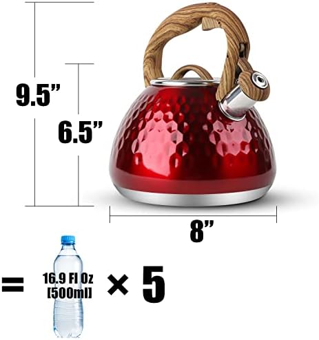 Tea Kettle, Toptier Teapot Whistling Kettle with Wood Pattern Handle Loud Whistle, Food Grade Stainless Steel Tea Pot for Stovetops Induction Diamond Design Water Kettle, 2.7-Quart Red - Image 2