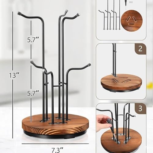 Coffee Mug Holder Mug Stand Tree Rotated Hooks Cup Holder Wooden Anti Slip Easy Assembly Organizer Suitable for Housewarming Coffee Bar, 6 Hooks - Image 3