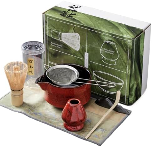 Japanese Matcha Set (7pcs) Matcha Whisk Set Matcha Bowl Matcha Whisk (chasen) Scoop (chashaku) Matcha Whisk Holder Tea Making Kit (7 Pcs,Red) by ZITEZHGO
