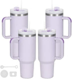 4 Pack 40 Oz Tumbler with Handle Bulk, Double Wall Vacuum Insulated Stainless Steel Tumbler with Lid and Straw, 40 oz cup with Silicone Spill Proof Stopper Set (Purple) by Temolulu