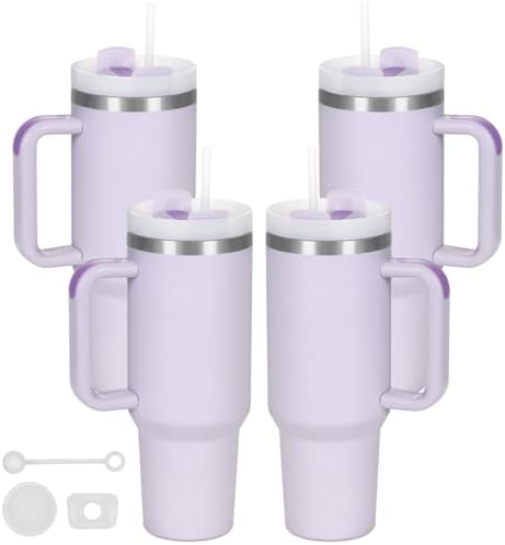 4 Pack 40 Oz Tumbler with Handle Bulk, Double Wall Vacuum Insulated Stainless Steel Tumbler with Lid and Straw, 40 oz cup with Silicone Spill Proof Stopper Set (Purple) by Temolulu