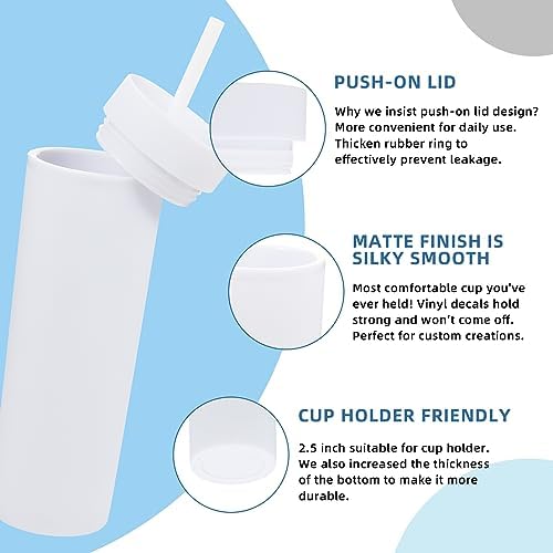 Volhoply 16oz Plastic Skinny Tumbler with Lid and Straw Bulk 8 Pack,Insulated Double Wall BPA Free Matte Acrylic Tumblers,Iced Coffee Travel Mug Reusable Party Cup,Customizable Diy Gifts(Clear,8 Set) - Image 4