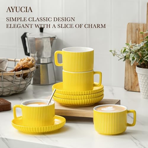 8 Ounce Cappuccino Cups Set of 4, Latte Mugs with Saucers and Spoons, Yellow Ceramic Coffee Mugs Tea Cups for Cappuccino Latte Mocha Au Lait Macchiato Cafe - Image 2