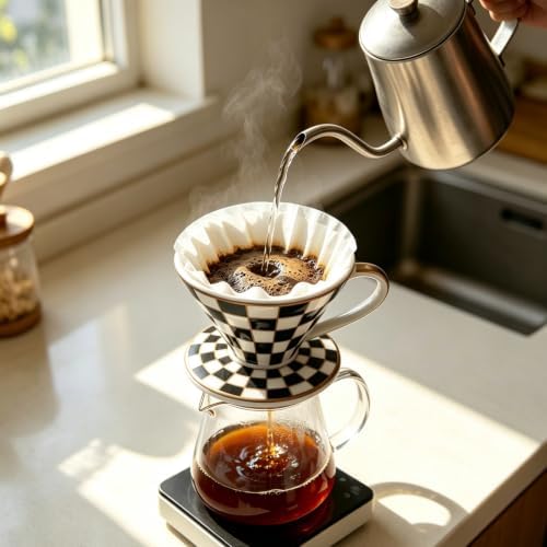 Checkerboard Pour Over Coffee Dripper, Vintage V60 Style Slow Drip Brewer - Image 2