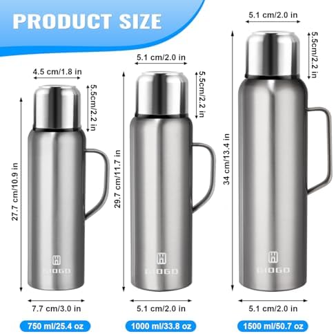 Insulated Vacuum Thermo Bottle 1500ml/50.7oz with Cup Stainless Steel Coffee Bottles for Hot and Cold Drink Water Flask.(Silver, with Handle, 1500ml) - Image 6