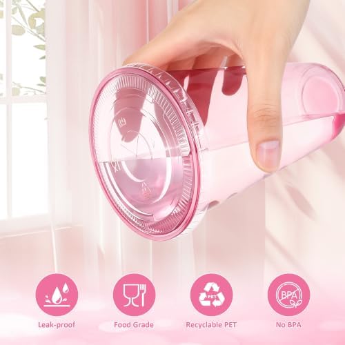 tchrules 100 Set 18oz Pink Plastic Disposable Cups with Lids and Straws - Image 7