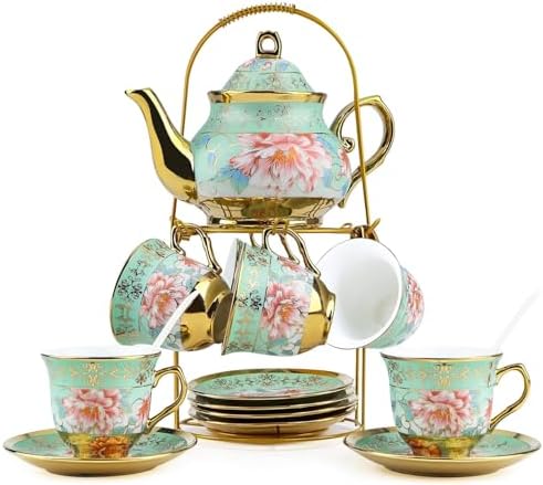 20Pcs Porcelain Tea Set with Metal Holder and Spoons, Floral Tea Sets for Adults with Teapot Cups Saucers, European Ceramic Tea Parties Set for Women （Large） (Green) - Image 7