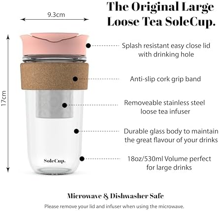 Large Travel Mug Loose Tea Infuser - Detachable Tea Strainer with Spill Proof Lid - 18oz/530ml BPA-Free Reusable Glass Travel Coffee Cup with Cork Band (Pink, 18oz) - Image 2