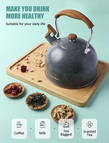 Tea Kettle, BELANKO 85 OZ / 2.5 Liter Whistling Tea Kettle, Tea Pots for Stove Top Food Grade Stainless Steel with Wood Pattern Folding Handle, Loud Whistle Kettle for Tea, Coffee, Milk - Gray - Image 2