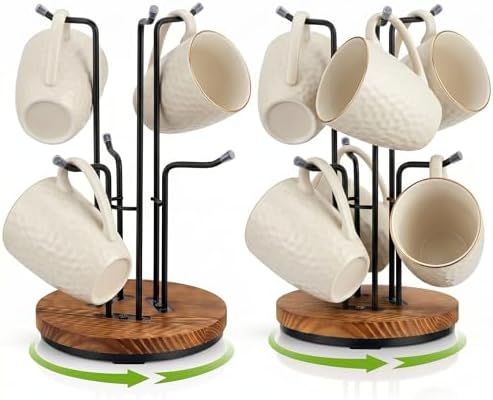 2 Pack 360° Rotating Large Mug Tree for Counter, Coffee Mug Holder with 6 Hooks, Cup Holder Stand for Countertop, Metal Cup Tree Rack with Weighted Wood Base, Kitchen Coffee Bar Decor Display by Unknown