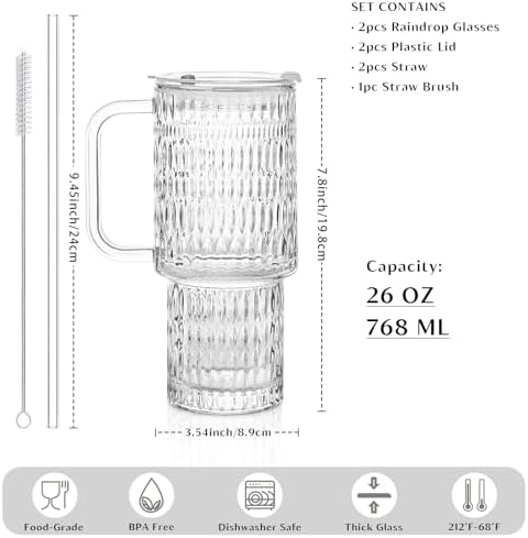 INSETLAN 24 oz Raindrop Glass Tumbler with Handle, 2-Pack Iced Coffee Cups - Image 2