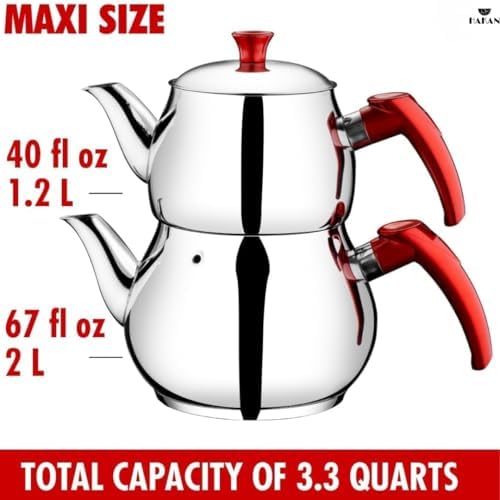 Hakan Teapot Set with Self Strainer Double Lids, Stainless Steel Maxi Double Bondy Tea Pot Set, Turkish Samovar Style, Tea Kettle for Loose Leaf Tea with Bakelite Handle | 1.25 + 2.10 Qt. - Image 3