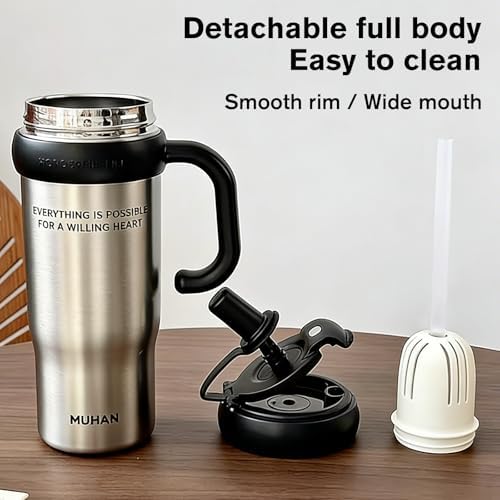 MUHAN 30oz Insulated Tumbler with Handle, Stainless Steel Water Bottle, Travel Mug (Star Black-Ceramic inner（Lid+tea strainer+Straw+handle）, MUHAN 30oz Insulated Tumbler with Handle) - Image 5