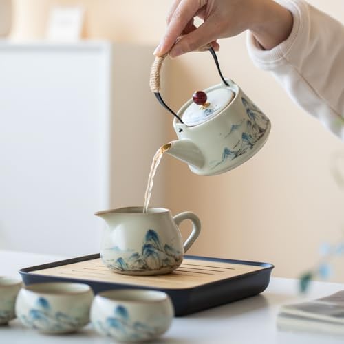Chinese Gongfu Tea Set, 7-Piece Ceramic Set with Landscape Design, Travel Case, Spill-Proof Tray, Gift Box - Image 6