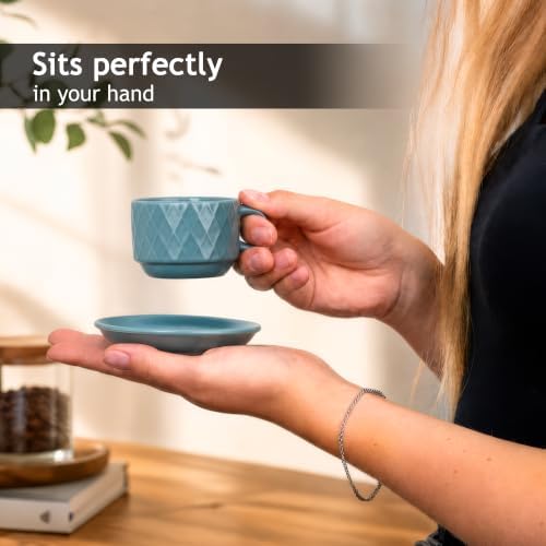 MIAMIO - 6 x 2.5 oz Stoneware Espresso Mug, Cup Set Modern with Stand and Saucers - Palmanova Collection (Ocean Blue) - Image 2