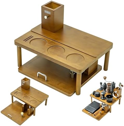 NEOUZA Espresso Organizer Station with Built-in Tamping Stand - All-in-One Bamboo Coffee Bar Workstation, Features Pull-Out Shelf, Storage for Portafilters, Tamper, Distributor & Tools by NEOUZA