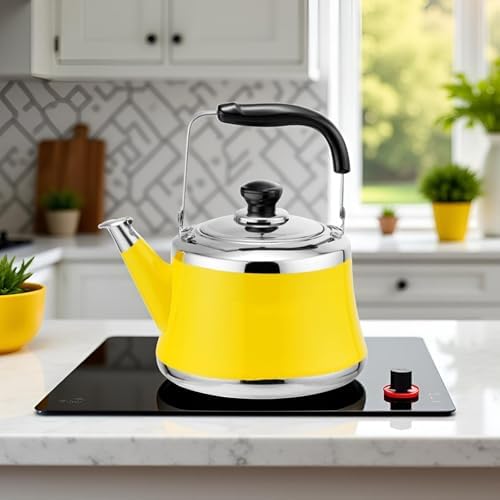 Tea Kettle Stovetop, Whistling Tea Pot 304 Food Grade Stainless Steel Teapot for Stove top, Loud Whistle Kettle for Tea, Coffee, Milk (Yellow, 1L) - Image 2