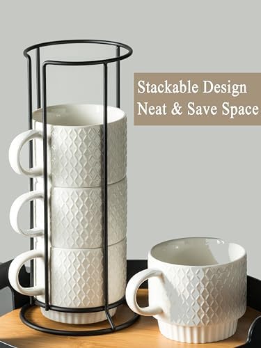 Gomakren Stackable 13oz Coffee Mugs Set of 4 with Stand & Spoons, White - Image 3