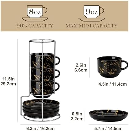 MALACASA 8 OZ Porcelain Espresso Cups with Saucers and Metal Stand Set of 4, Stackable Cappuccino Cups, Marble Black Expresso Shots Cup Set for Coffee Drinks, Latte, Tea - Image 2