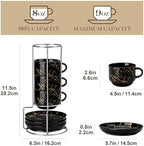 MALACASA 8 OZ Porcelain Espresso Cups with Saucers and Metal Stand Set of 4, Stackable Cappuccino Cups, Marble Black Expresso Shots Cup Set for Coffee Drinks, Latte, Tea - Image 2
