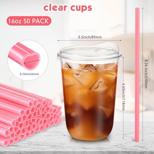 Ziliny 50 Sets Plastic Cups with Pink Heart Straws and Lids, Clear, 16 oz - Image 4