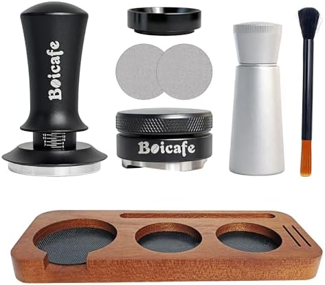 8 PCS Espresso Accessories Kit, 51mm Spring Loaded Espresso Tamper Kit with Wood Espresso Tamping Station, WDT, Stainless Steel Distributor, Dosing Funnel, 2 Puck Screen, Brush (51mm) by Boicafe