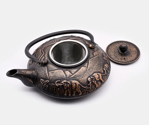 Zen Minded Traditional Japanese Cast Iron Tetsubin Stovetop Teakettle Teapot with Stainless-steel Mesh Loose-leaf Filter for Green Tea & Infusions 1.1L Elephant Pattern - Black & Gold - Image 6