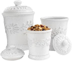 American Atelier Bianca Leaf Canister Set 3-Piece Ceramic Jars in 20oz, 48oz and 80oz Chic Design With Lids for Cookies, Candy, Coffee, Flour, Sugar, Rice, Pasta, Cereal & More, 7x10.25, White by American+Atelier