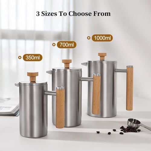 French Press Coffee Maker Double Wall Insulated French Coffee Press Stainless Steel With 3-level Disassemble Filters, Cold Brew Coffee Tea Pot, Easy To Clean(/Silver,700ml) - Image 2