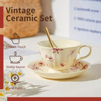 Vintage Fancy Porcelain Tea Cups and Saucers Set of 6, 8 oz China Ceramic Coffee & Cappuccino Cups with Gold Spoons, Cream Blue & Red Floral Design, Tea Party Gifts for Women - Image 6