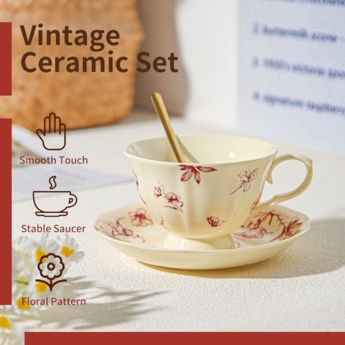 Vintage Fancy Porcelain Tea Cups and Saucers Set of 6, 8 oz China Ceramic Coffee & Cappuccino Cups with Gold Spoons, Cream Blue & Red Floral Design, Tea Party Gifts for Women - Image 6
