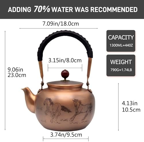 44oz SECHUDO Exquisite Pure Copper Tea Kettle without Coating, Copper Teapot with Tea Ball for Loose Leaf, Japanese Style Classic Tea Pot for Stovetop Safe, Horse Pattern(1300ml) - Image 5