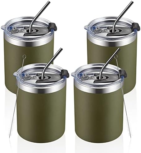 MEWAY 12 oz Lowball, Tumbler Stainless Steel Double Wall Vacuum Insulated Mug with Straw and Lid, Cleaning Brush ，Durable Powder Coated Insulated Coffee Cup for Cold & Hot Drinks (Army Green,4 pack) by MEWAY