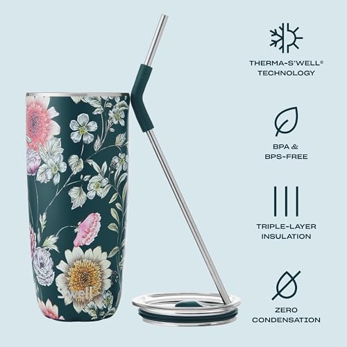 S'well Stainless Steel Tumbler with Straw and Slide-Open Lid, 24oz, Midnight Botanical Triple Layered Vacuum Insulated Containers Keeps Drinks Cold for 18 Hours and Hot for 5, BPA Free - Image 3