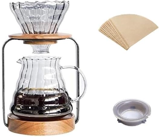 Borosilicate Glass Pour Over Coffee Set – 20oz Carafe with Lid, Solid Wood Base, Stainless Steel Stand, 40 Unbleached Filters, Microwave & Dishwasher Safe – Gift for Coffee Lovers by Unknown