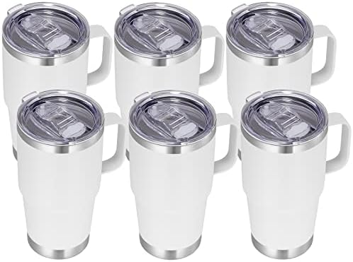 VEGOND 20 oz Tumbler Bulk with Handle Lid and Straw, Stainless Steel Insulated Travel Coffee Mug Set, Spill Proof Double Wall Metal Tumblers Cups, White 6 Pack by VEGOND