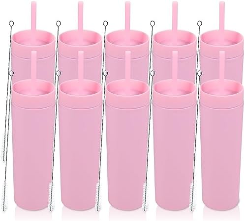 Volhoply 16oz Plastic Skinny Tumbler With Lid and Straw Bulk 10 Pack,Insulated Double Wall BPA Free Matte Acrylic Tumblers,Iced Coffee Travel Mug Reusable Party Cup,Customizable Diy Gifts(Pink,10 Set) by LiveFully%EF%BC%8CDrinkFreely%E2%80%94KeepGoingwithVolhoply%EF%BC%81
