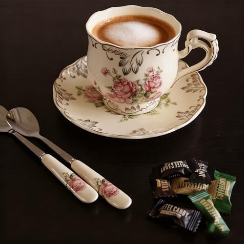 Ceramic Cup Set of 6 with 6 Spoons and a Tray, 350ml Capacity, Cup Set with Stand for Tea Party or Wedding, White Rose - Image 5