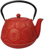 Ebros Gift Traditional Oriental Tetsubin Red Kiku Chrysanthemum Design 40oz Cast Iron Teapot With Enameled Interior And Strainer Asian Japanese Chinese Fusion Housewarming Tea Pot Accent by EbrosGift