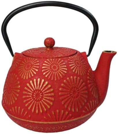 Ebros Gift Traditional Oriental Tetsubin Red Kiku Chrysanthemum Design 40oz Cast Iron Teapot With Enameled Interior And Strainer Asian Japanese Chinese Fusion Housewarming Tea Pot Accent by EbrosGift